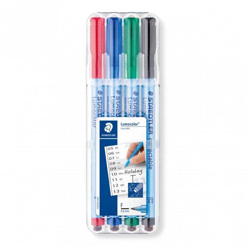 STAEDTLER® Folienstift Lumocolor® correctable ·F-Spitze ca. 0 ·6 mm · Box mit 4 Farben