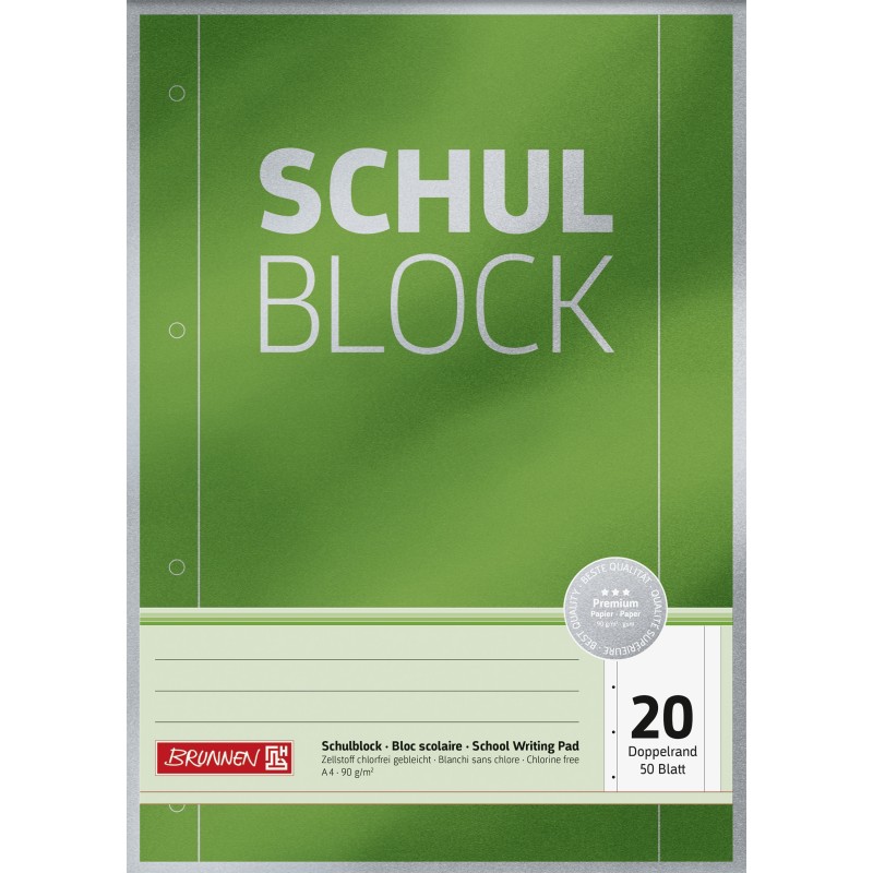 BRUNNEN Schulblock · A4 unlininiert · Lineatur 20 · 50 Blatt Premium