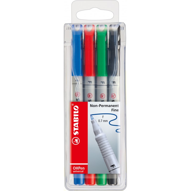 STABILO® Folienstift STABILO® OHPen universal · Fein (F) 0,7 mm · wasserlöslich · Etui mit 4 Stiften