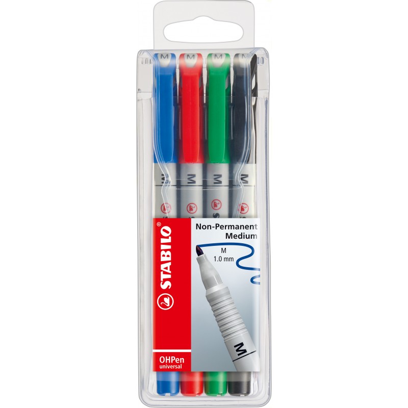 STABILO® Folienstift STABILO® OHPen universal · Medium (M) 1 mm · wasserlöslich · Etui mit 4 Stiften