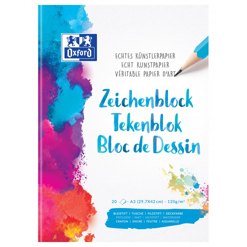 Oxford Zeichenblock · A3 · 120 g/m² echtes Künstlerpapier · beidseitig perforiert · 20 Blatt