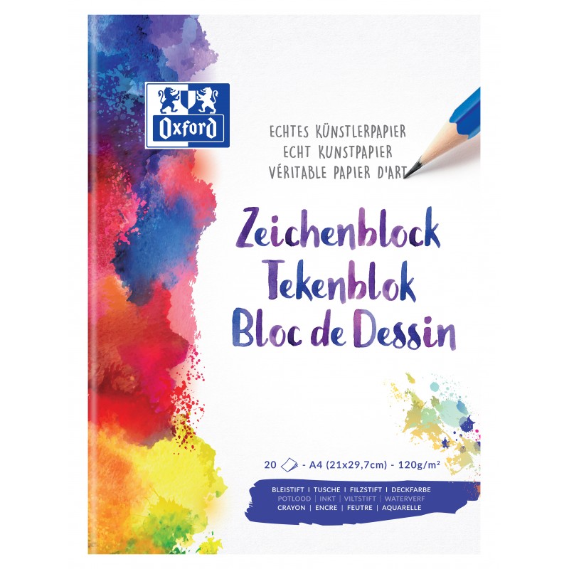 Oxford Zeichenblock · A4 · 120 g/m² echtes Künstlerpapier · beidseitig perforiert · 20 Blatt