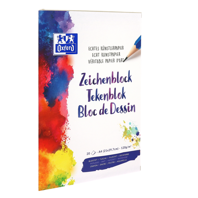 Oxford Zeichenblock · A4 · 120 g/m² echtes Künstlerpapier · beidseitig perforiert · 20 Blatt